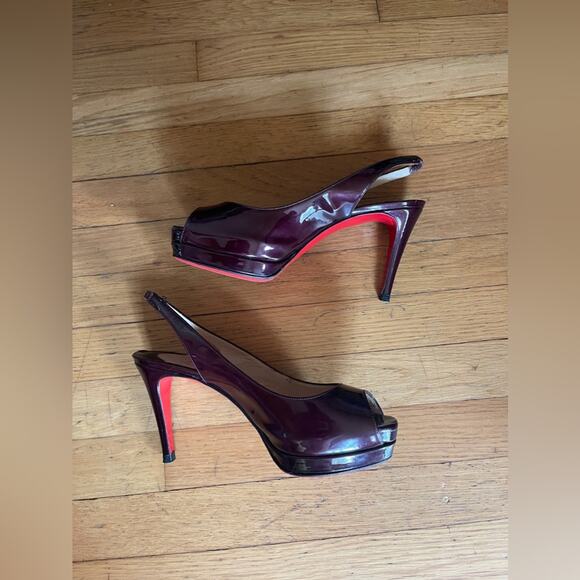 Christian Louboutin Bronze Patent Leather Peep Toe Slingbacks size 37 1/2 - Picture 6 of 11